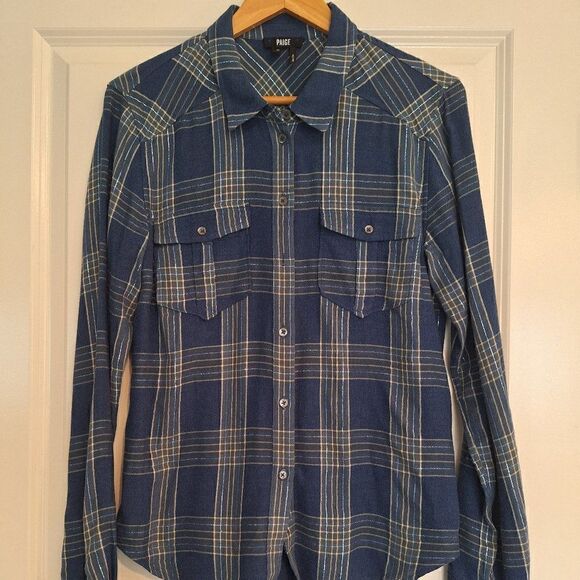 PAIGE Blue  PLAID BUTTON UP size M - Picture 1 of 6